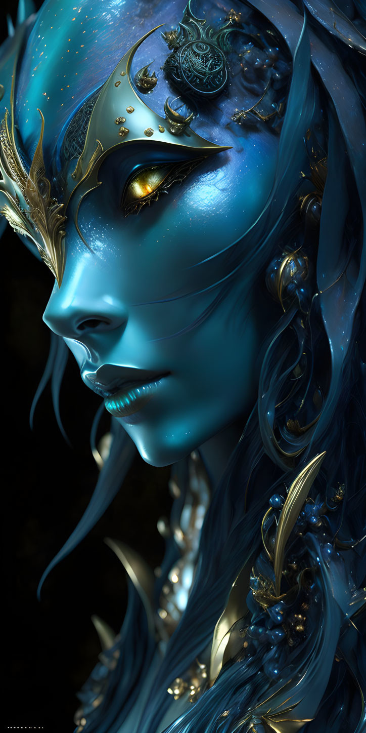 Blue-skinned female with golden eyes in ornate headgear