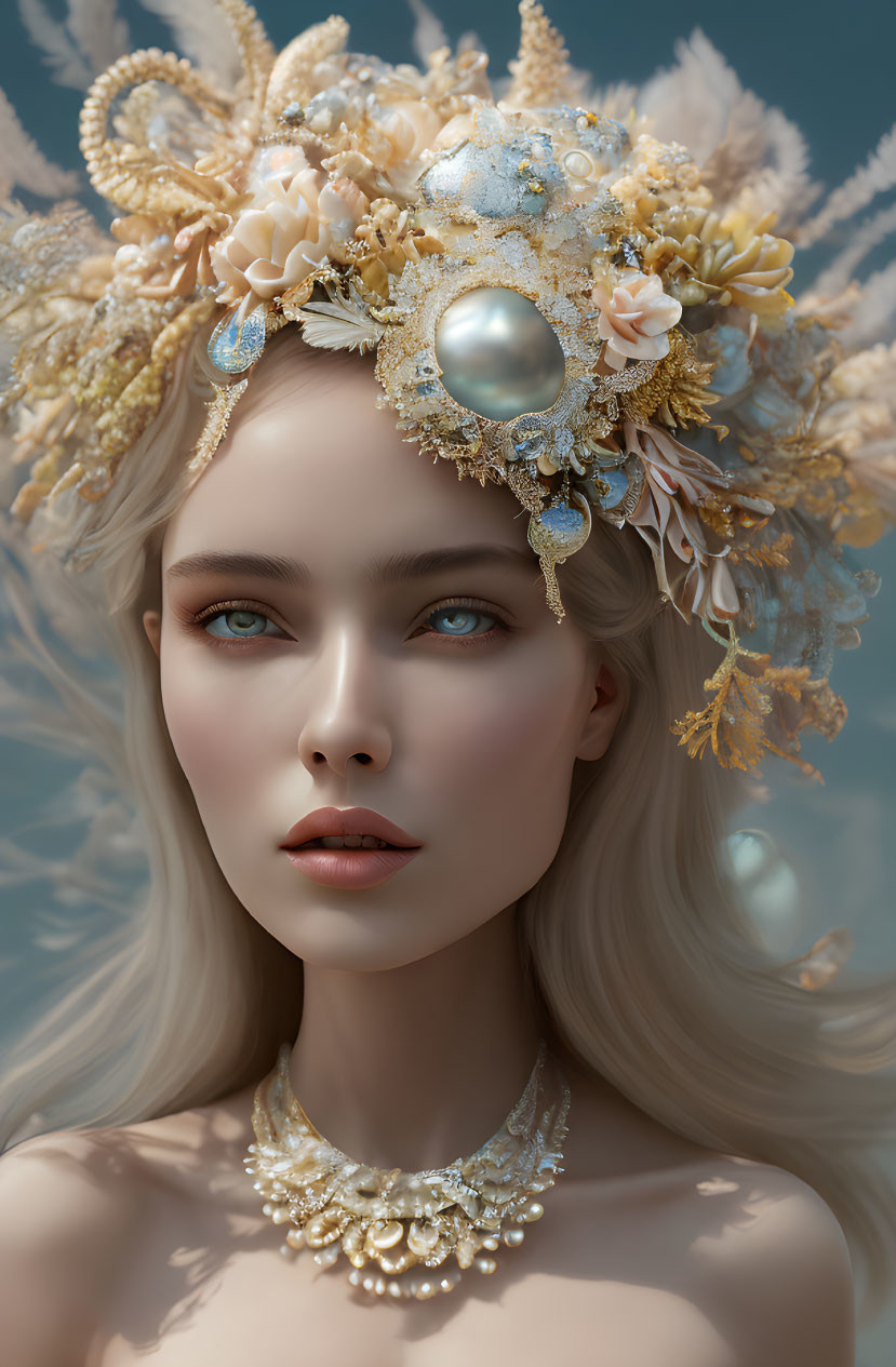 Photorealistic image of woman with fair skin and blue eyes in ornate headpiece