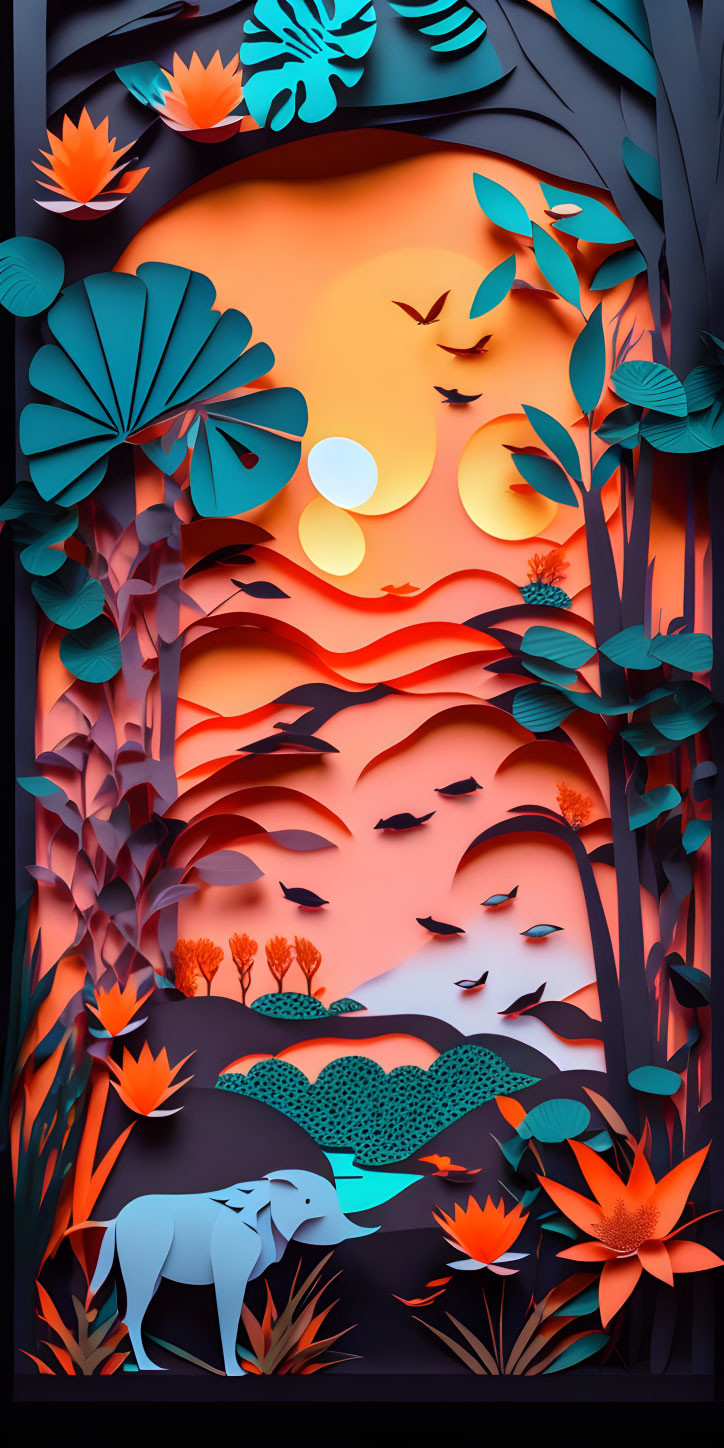 Colorful paper art: Sunset scene with elephant, tropical plants, and birds