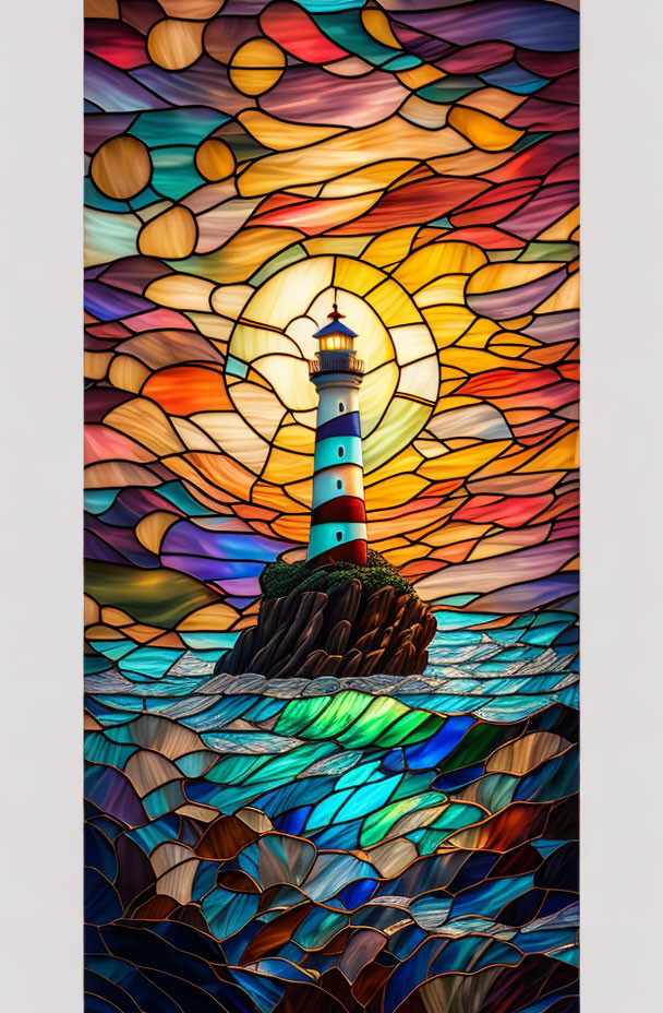 Colorful Stained Glass Artwork: Lighthouse on Rocky Outcrop