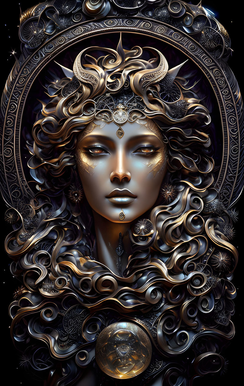 Detailed artwork of woman with ornate headgear & jewelry on dark background