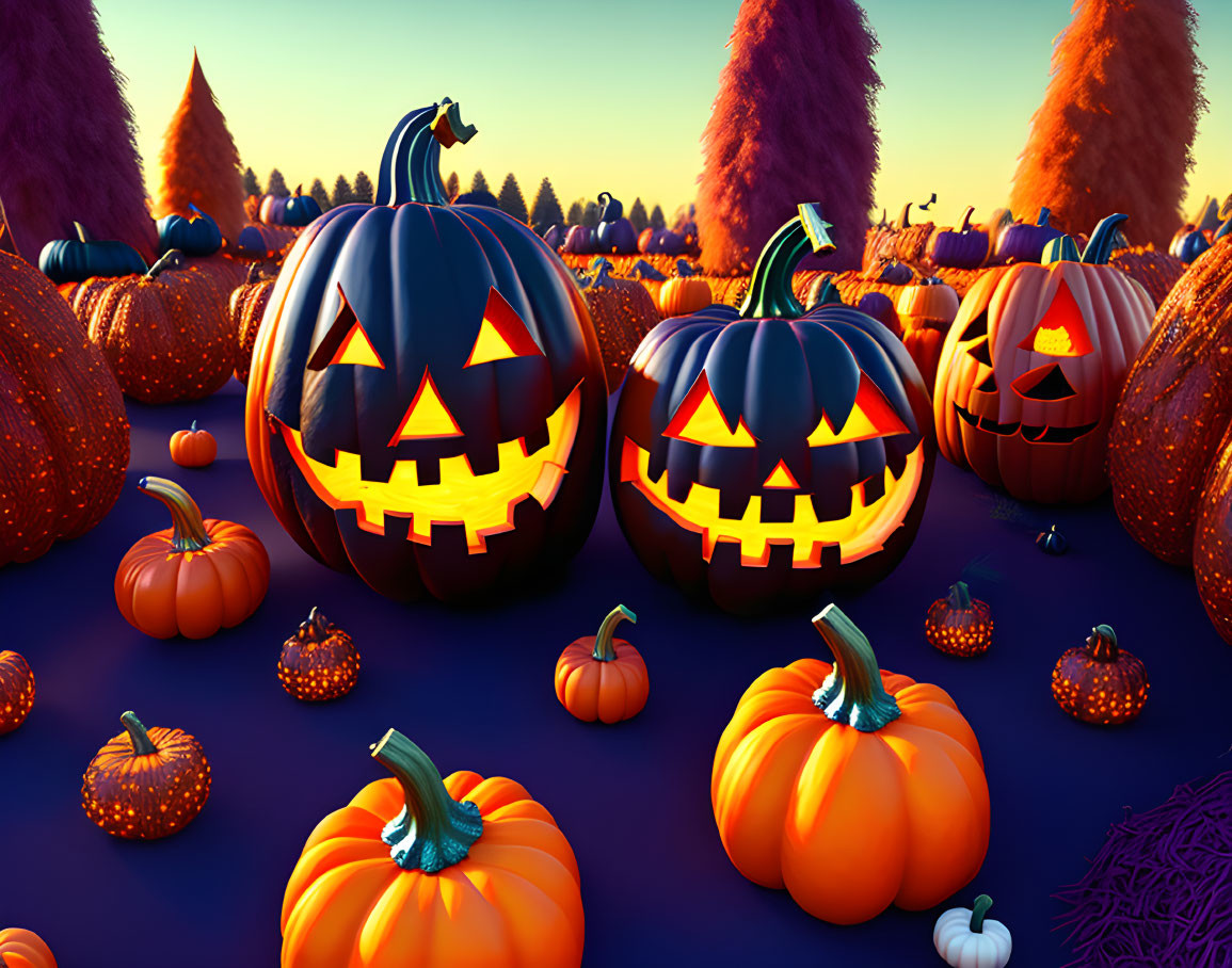 Twilight pumpkin patch with illuminated jack-o'-lanterns