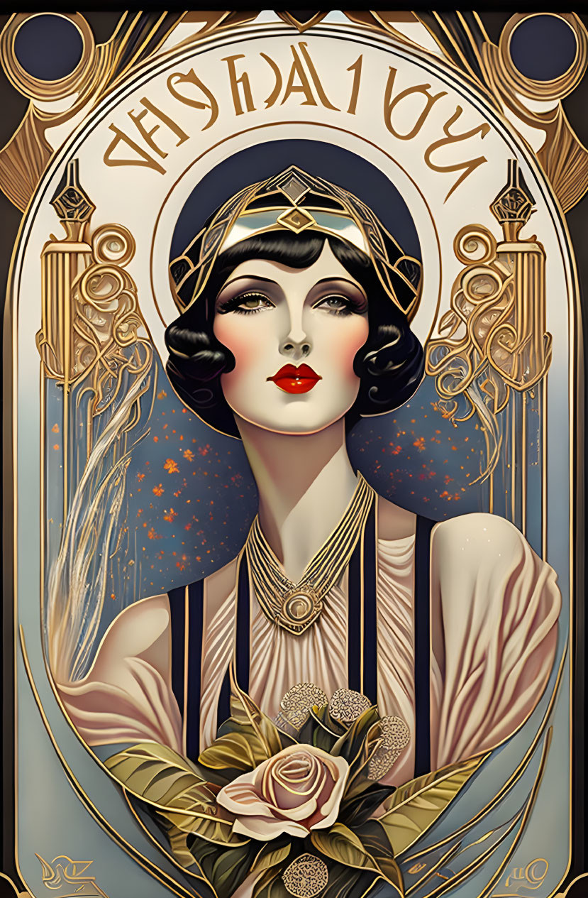 Art Nouveau Woman Illustration with Stylized Headdress and Rose