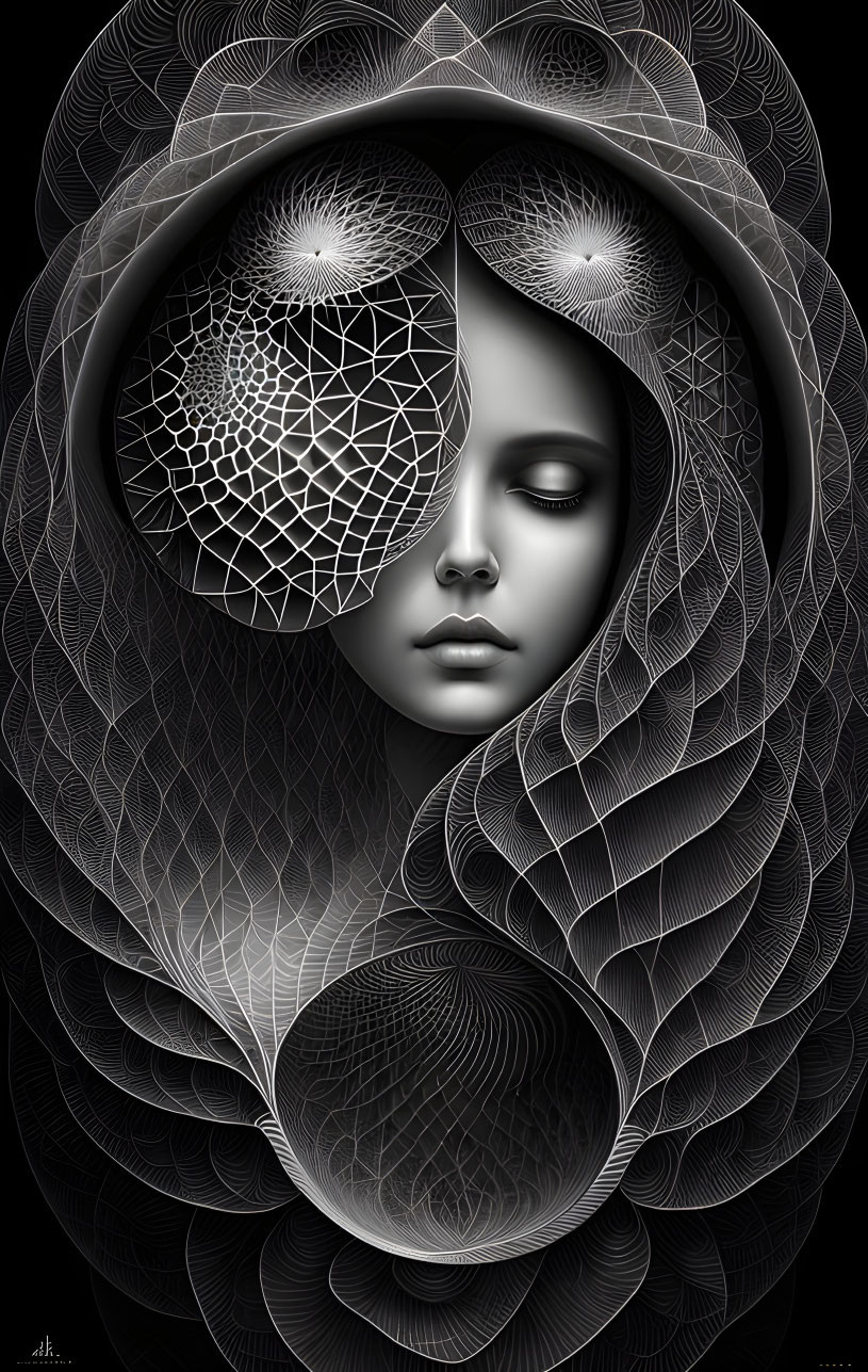 Monochromatic digital artwork: Woman's face with intricate geometric patterns