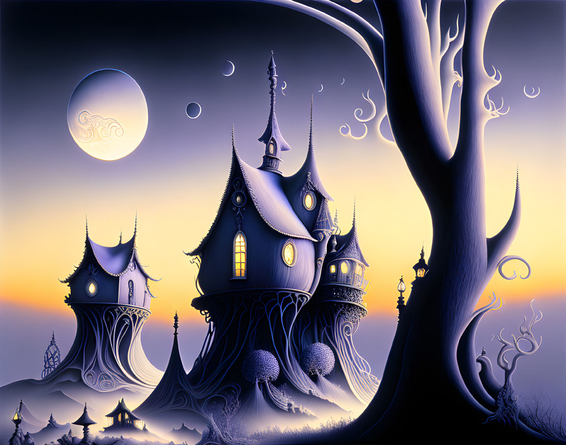 Whimsical night scene with fantasy houses on tree-like structures