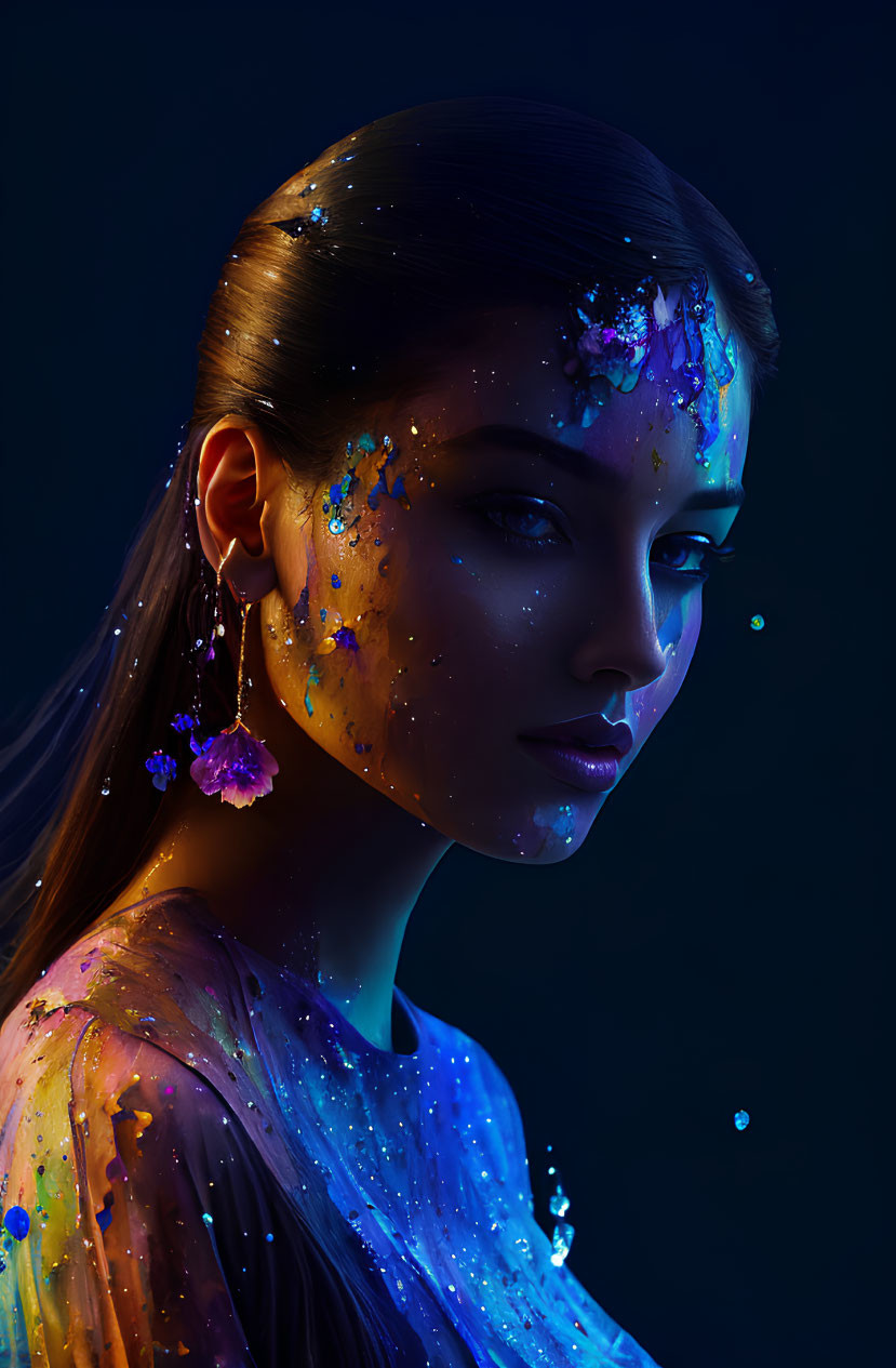 Colorful Paint Splashes Adorn Woman in Dramatic Lighting