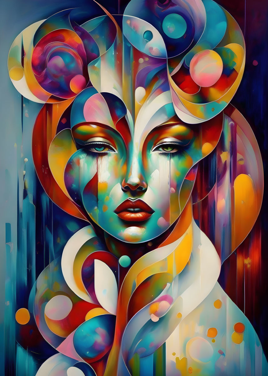 Colorful Abstract Artwork: Stylized Woman's Face with Swirling Shapes