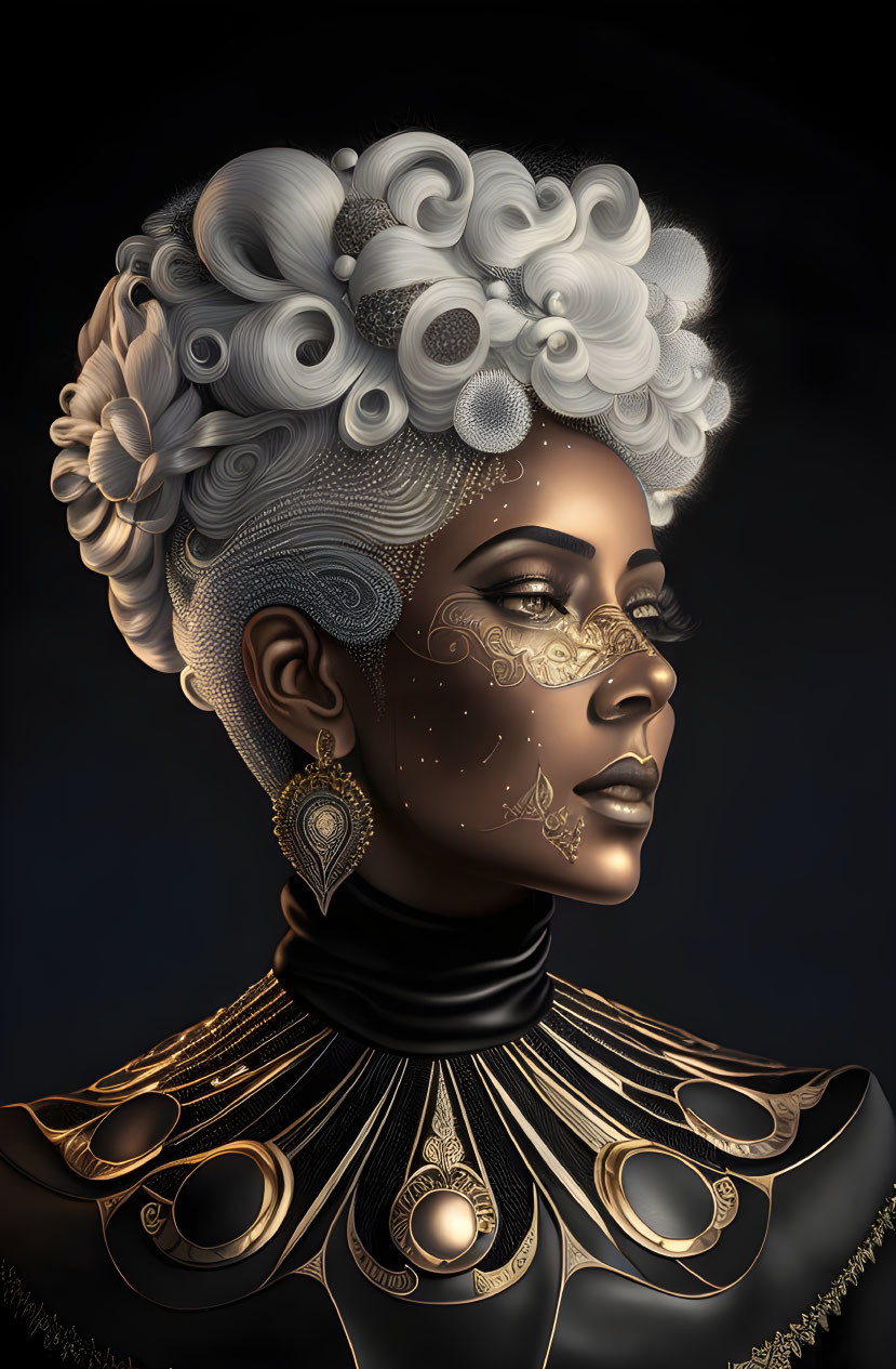 Woman with ornate gold jewelry, high sculpted collar, white futuristic hairstyle on dark background