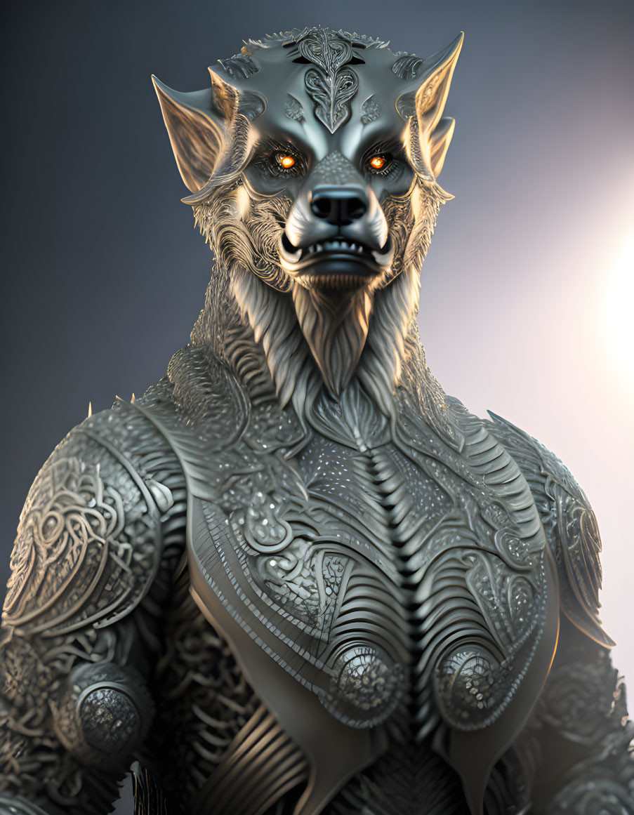 Detailed fantasy wolf creature with ornate armor and glowing red eyes on soft-lit backdrop