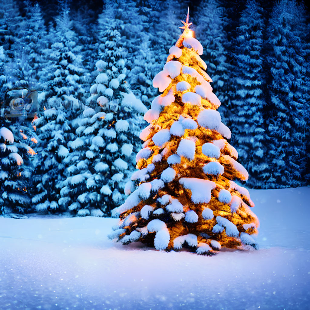 Decorated Christmas tree with warm lights in snowy forest at twilight