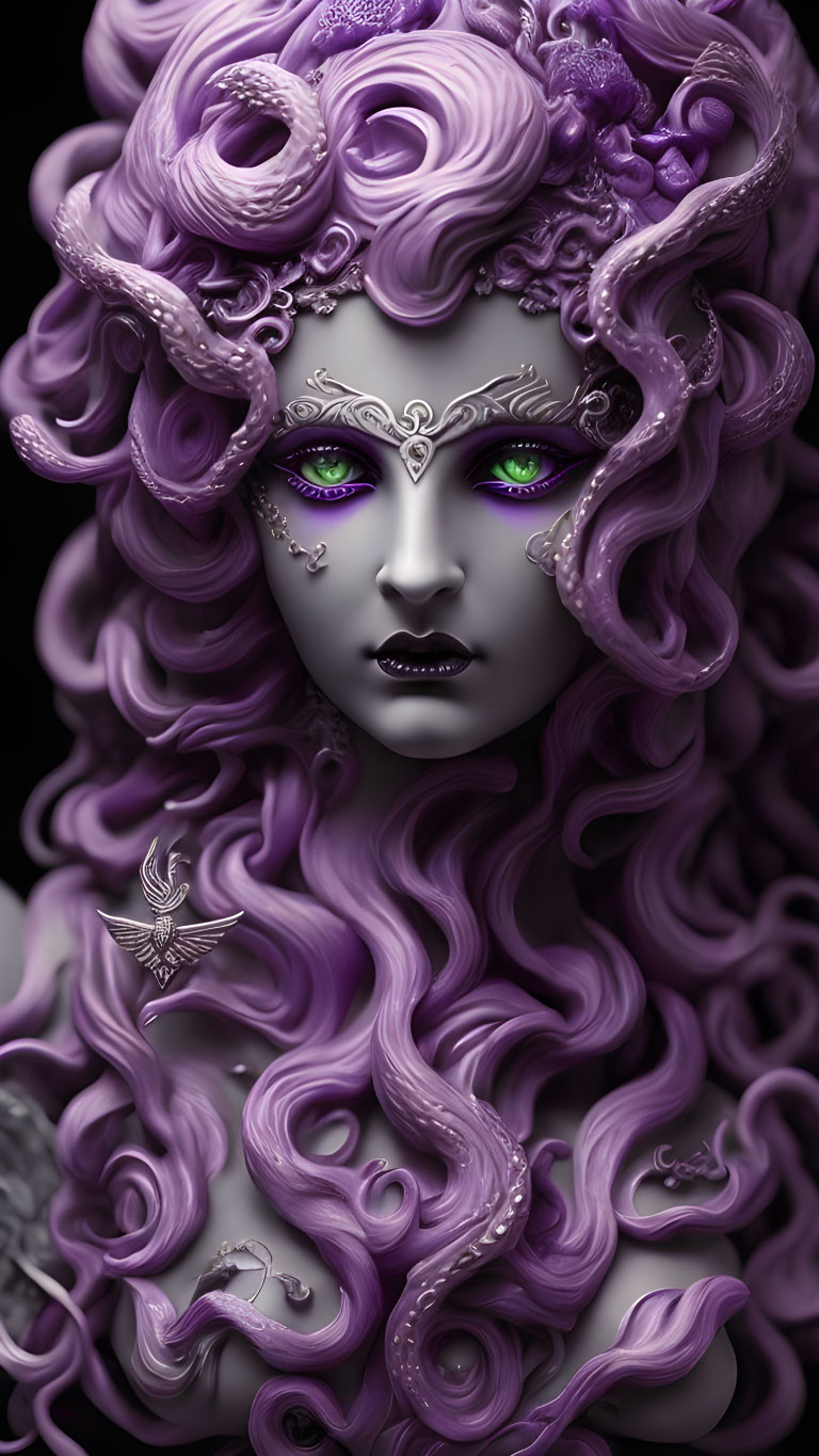 Digital artwork of woman with purple hair, green eyes, and silver head jewelry in fantasy theme