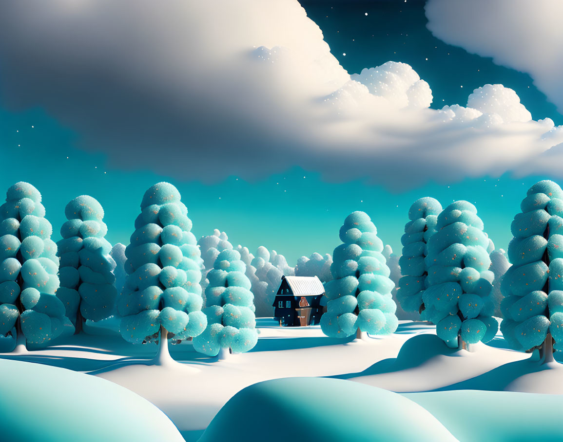 Snow-covered hills, cozy cottage, and round canopy trees in winter landscape