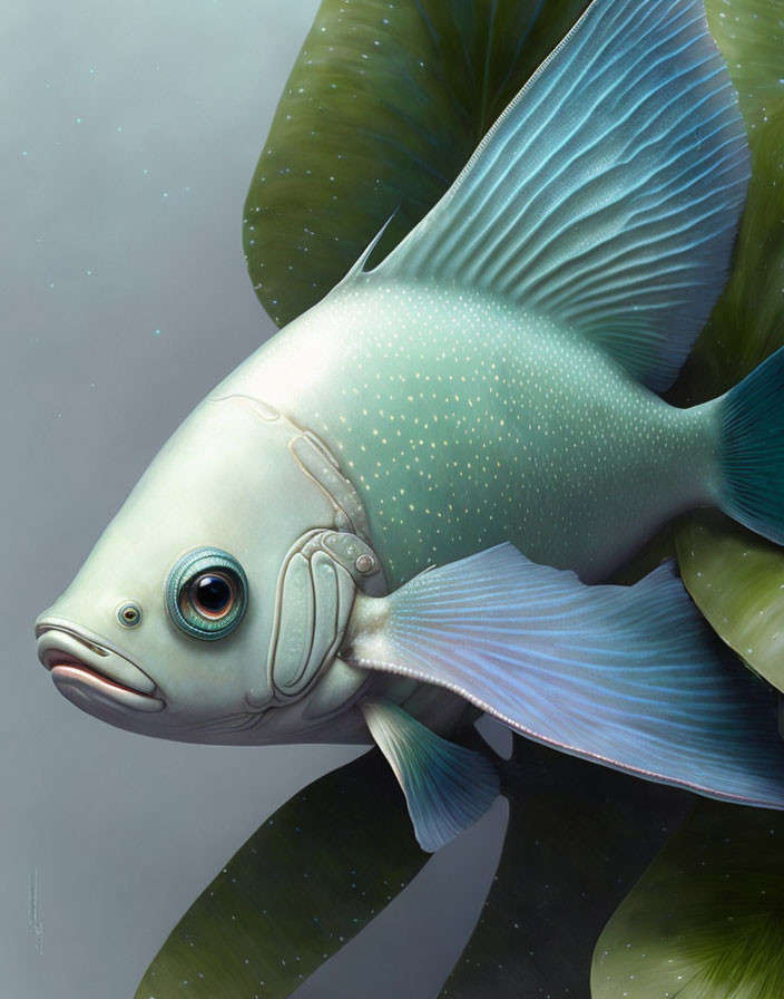 Surreal fish with human-like face in aquatic fantasy scene