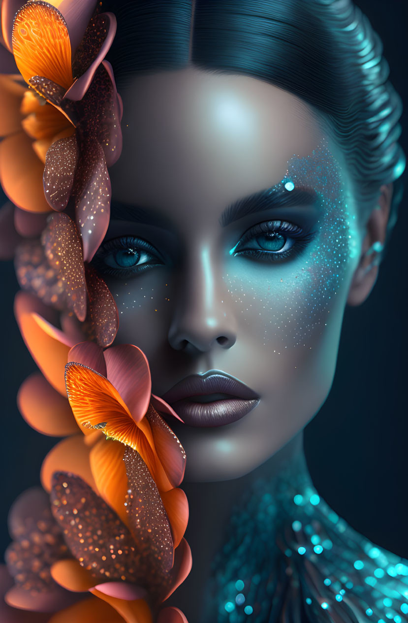 Woman portrait with orange flowers, teal lighting, and sparkly makeup