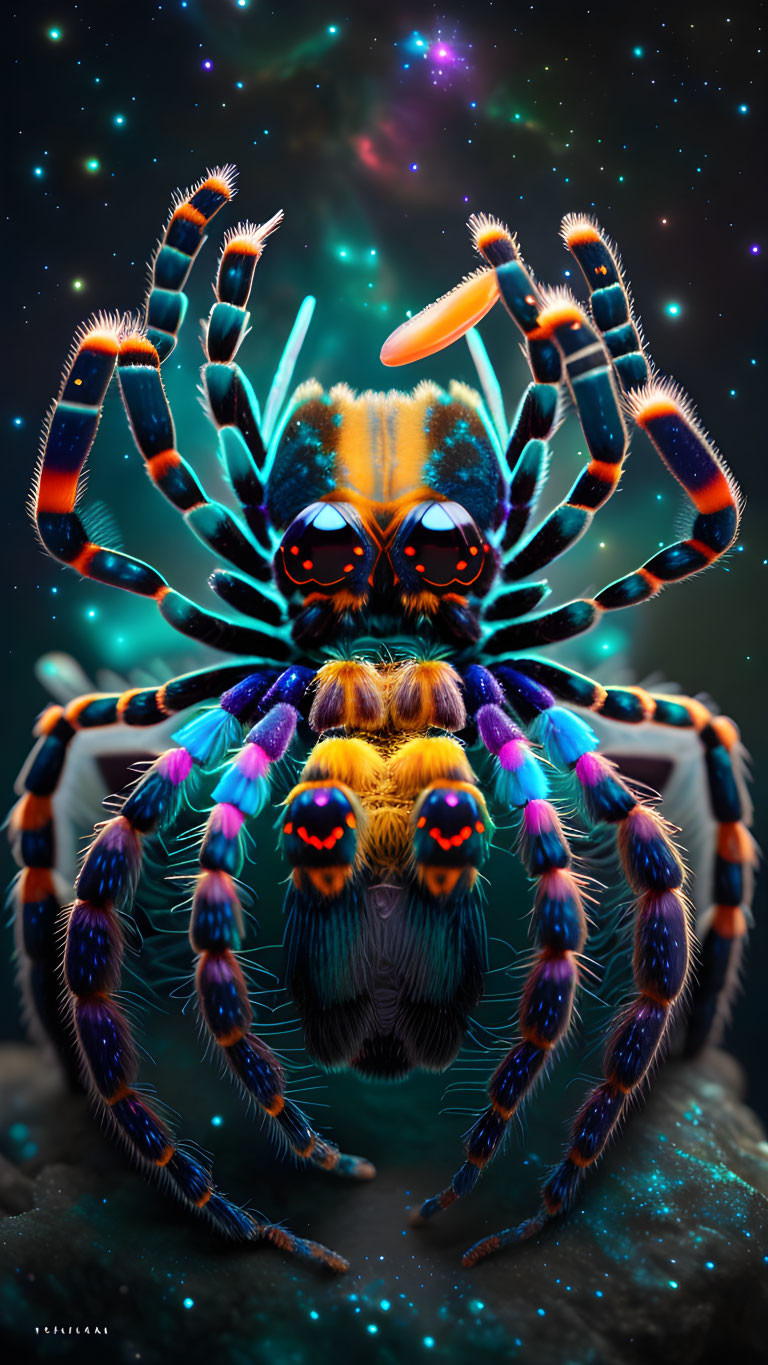 Colorful fantastical spider with multiple eyes on cosmic background