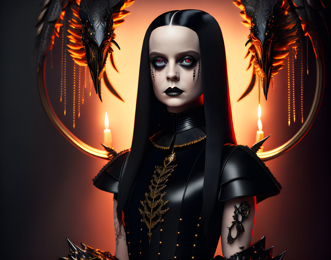 Pale-skinned gothic figure in black attire with dark makeup, long hair, wings, and candles