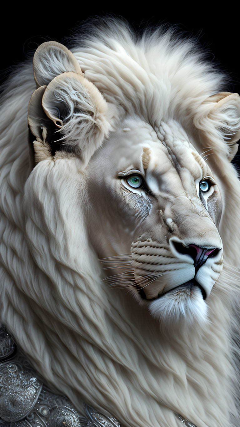 White lion with blue eyes and thick mane on dark background