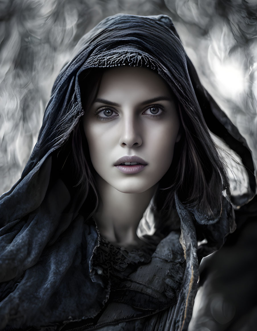 Portrait of Woman in Hooded Cloak with Striking Eyes on Blurred Background