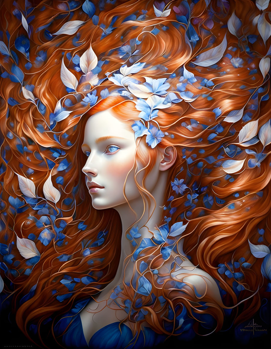 Illustrated portrait of a woman with red hair and blue flowers, emitting a mystical vibe