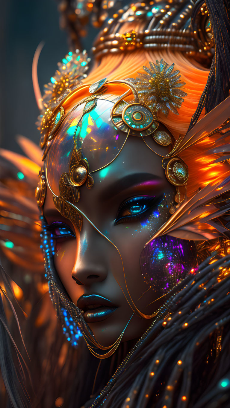 Ethereal character with vibrant blue eyes and golden headgear