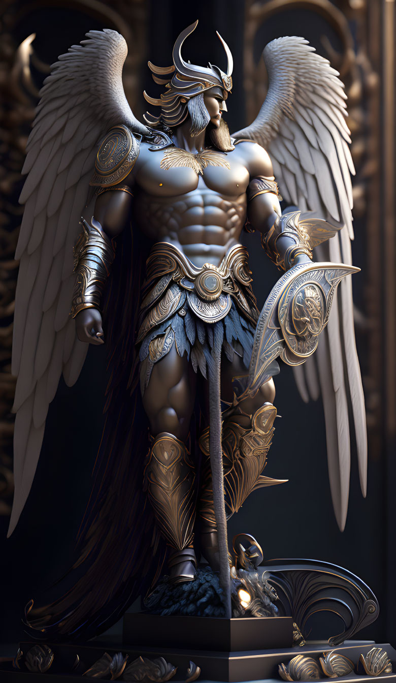 Winged warrior statue with horned helmet and shield on dark backdrop