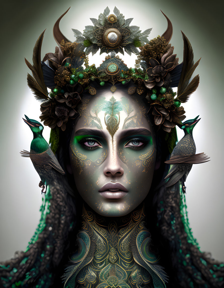 Fantasy portrait featuring ornate nature-inspired headpiece and peacock feathers