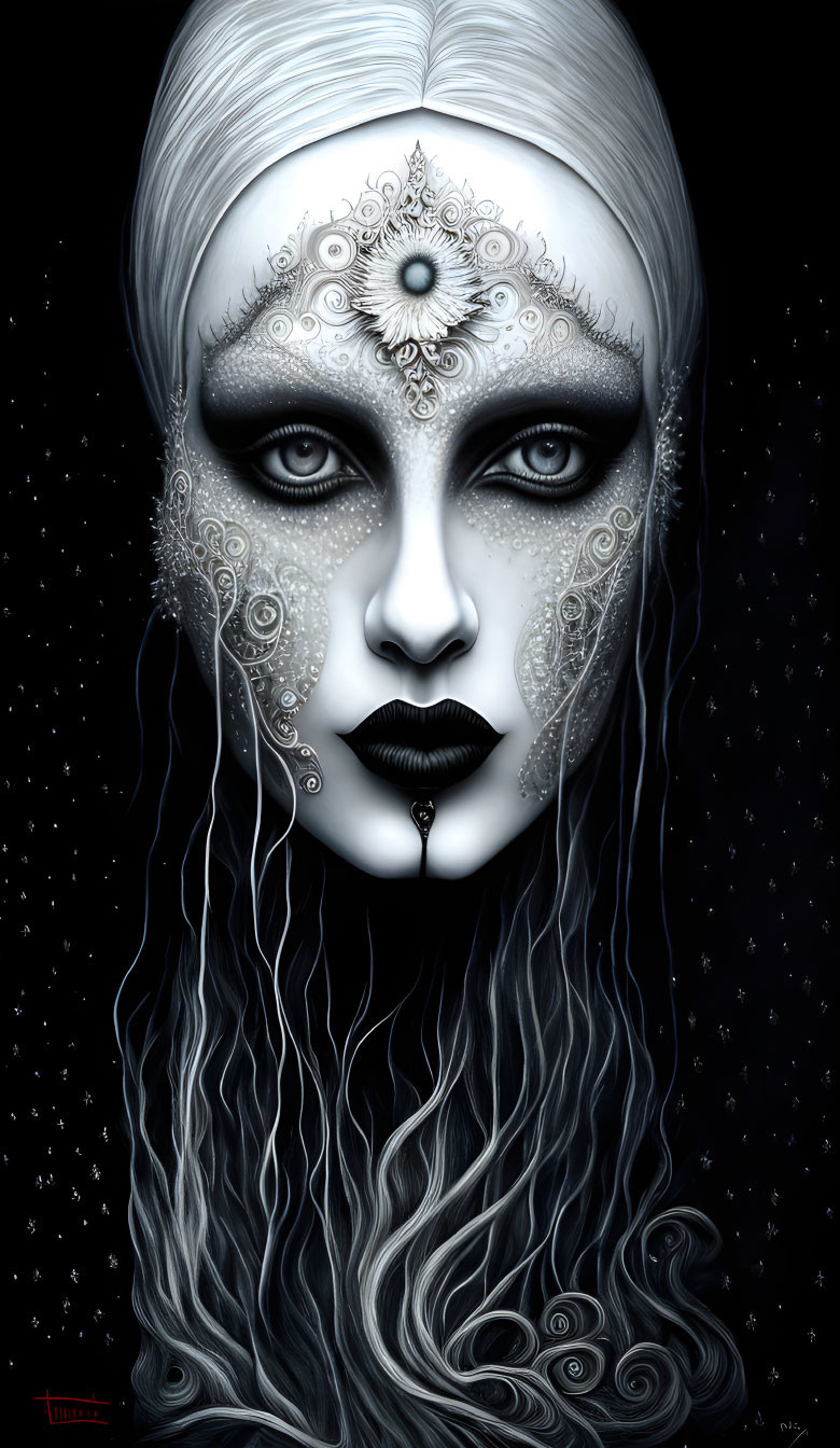 Mystical female figure with silver face markings and gem in starry setting