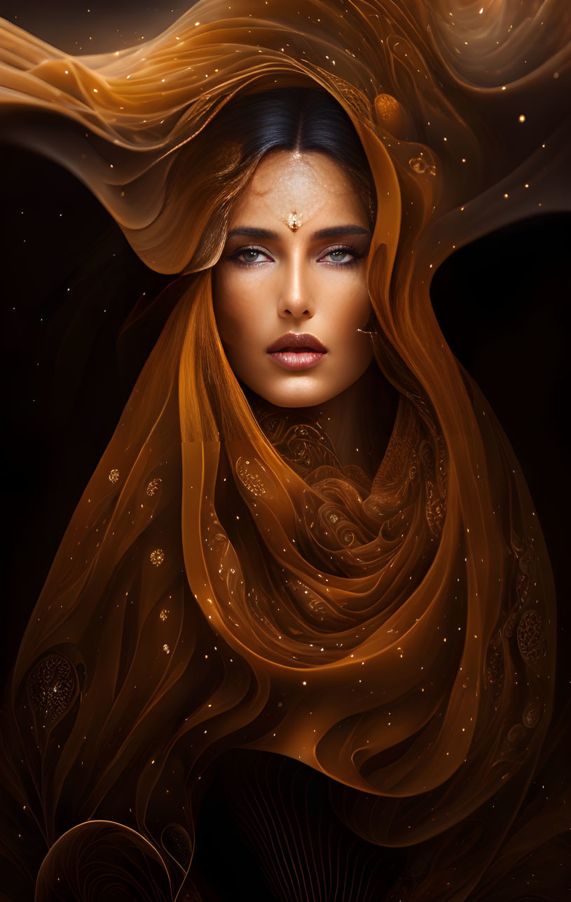 Mystical woman with golden hair and intricate patterns and a striking gaze