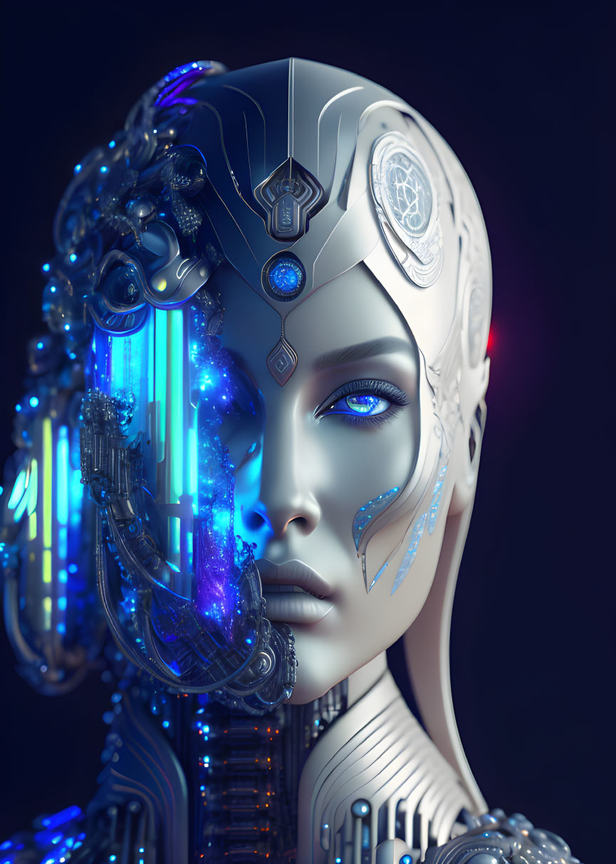 Detailed 3D illustration of female robot with blue glowing circuits & futuristic headgear