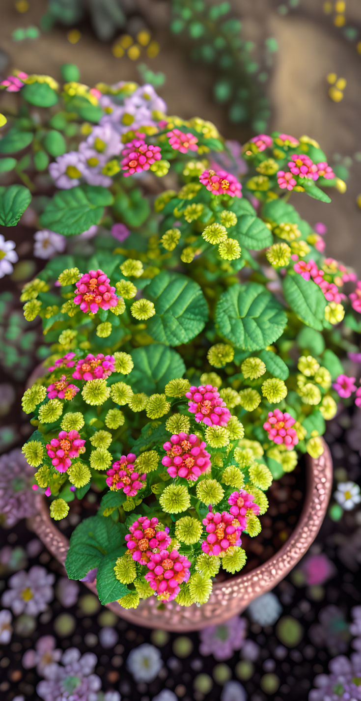 Colorful pink and yellow flowers in woven basket pot with green foliage and blurred background.