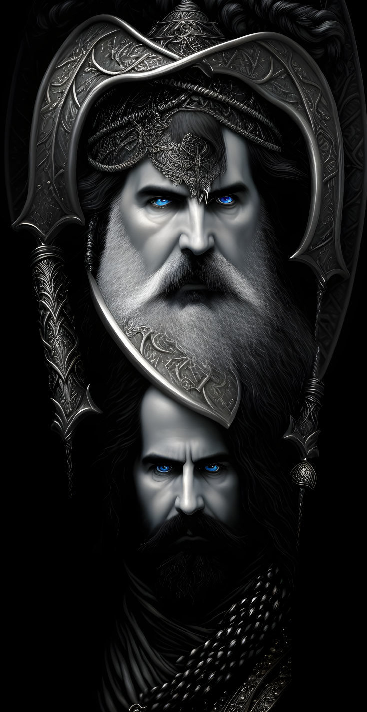 Bearded male figures with blue eyes in metallic frame on dark background