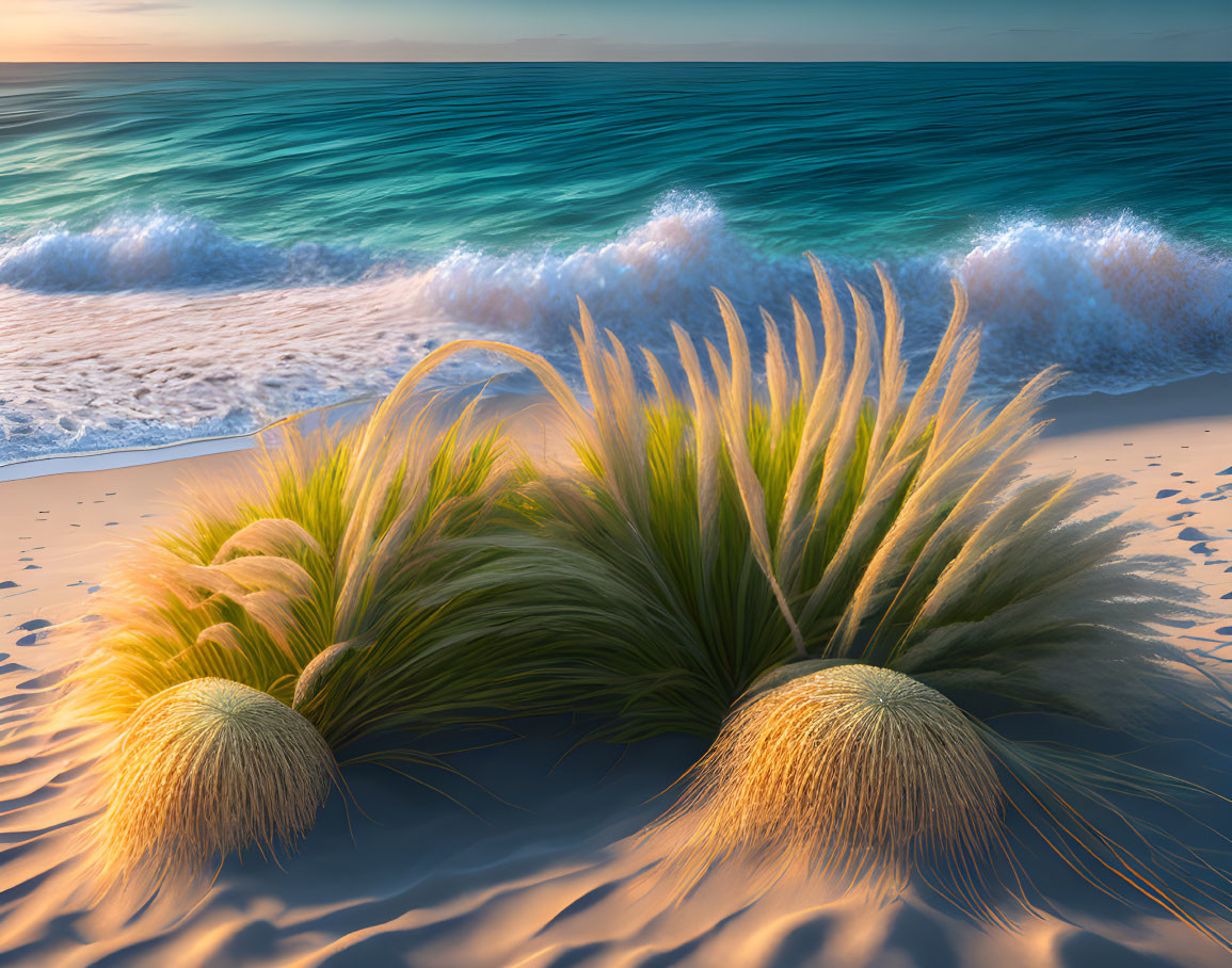 Tranquil beach landscape with gentle waves and dune grass at golden hour