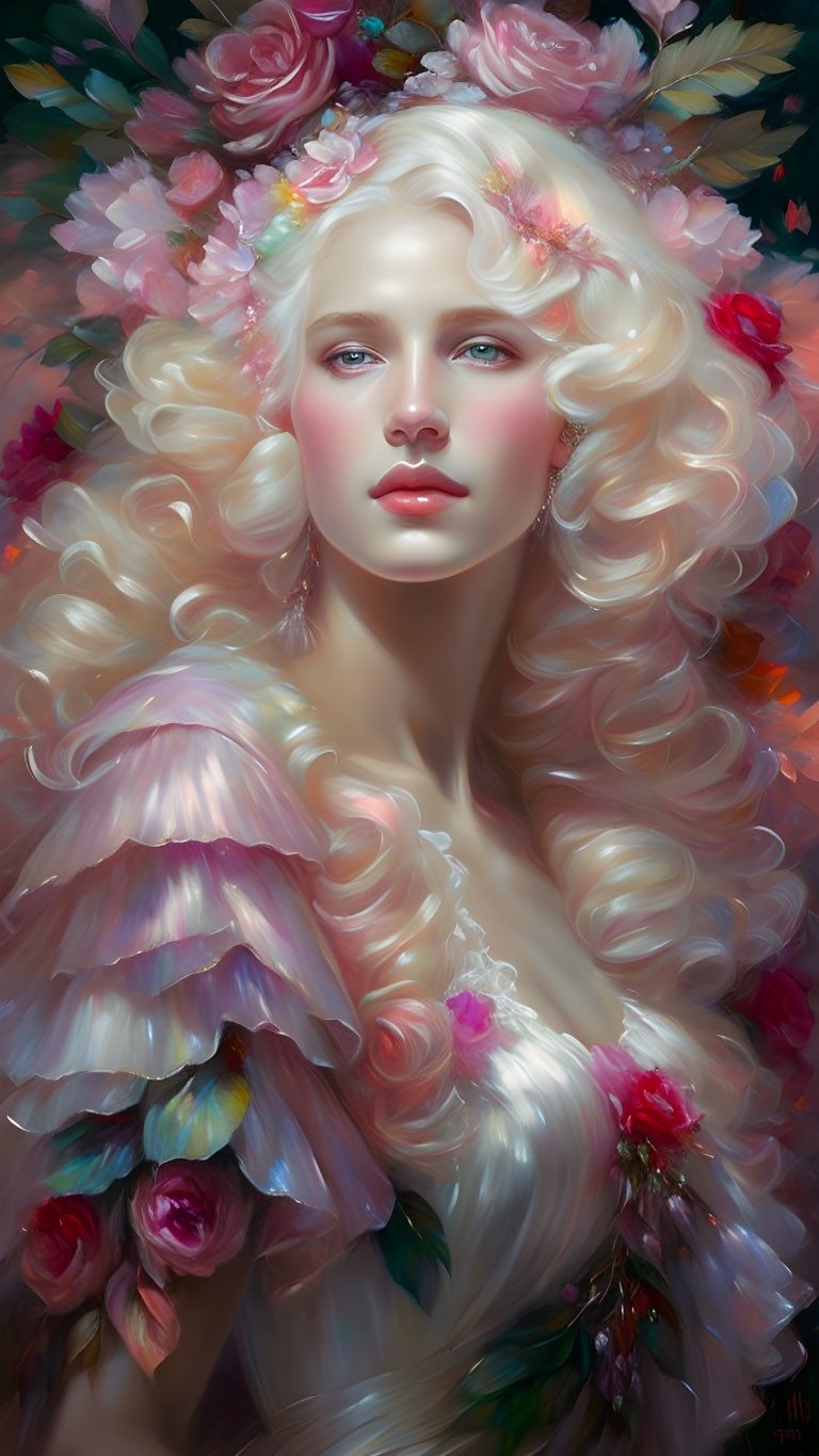 Portrait of ethereal woman with golden curls, floral crown, and feathered garment.