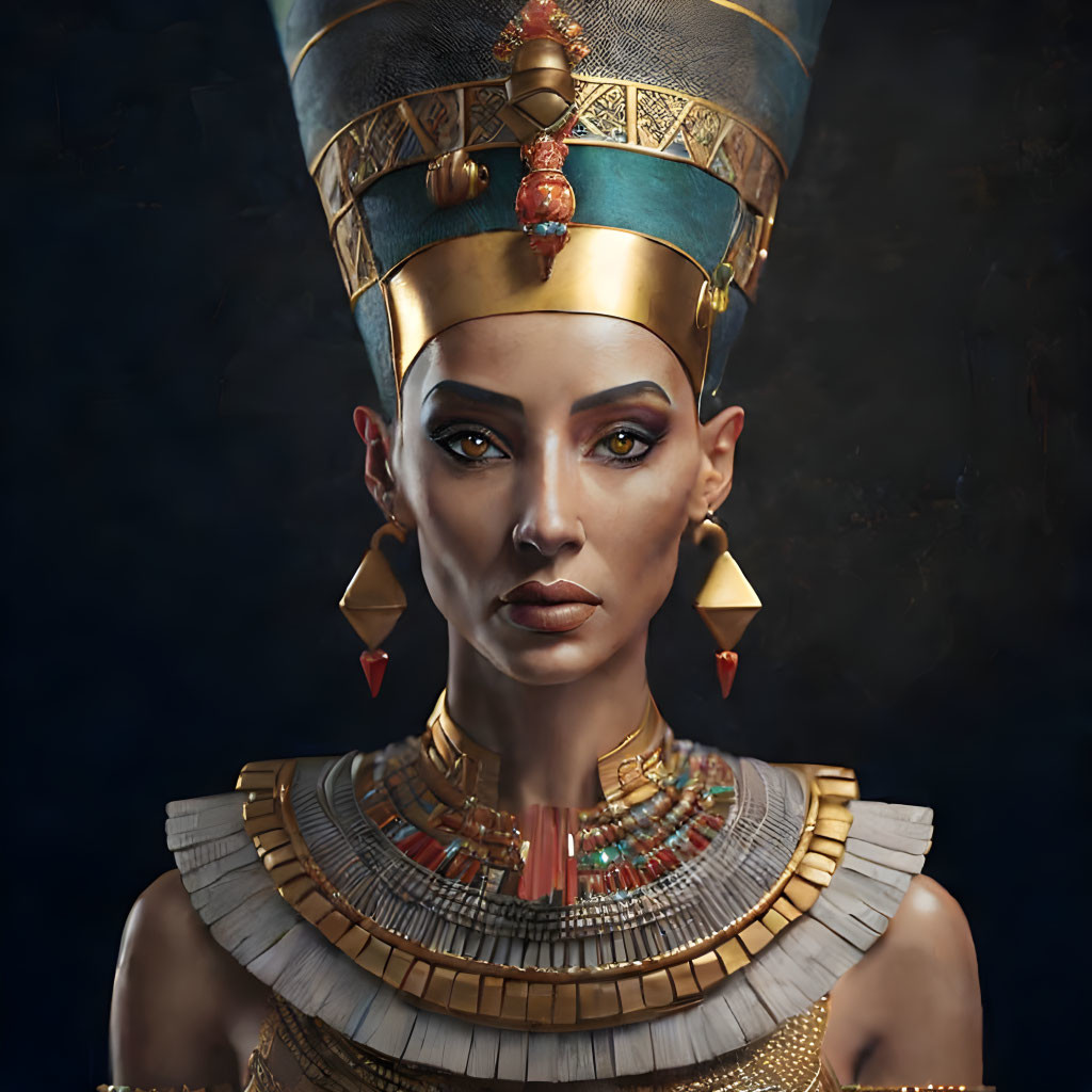 Digital portrait of a woman as ancient Egyptian queen with headdress, collar necklace, and earrings