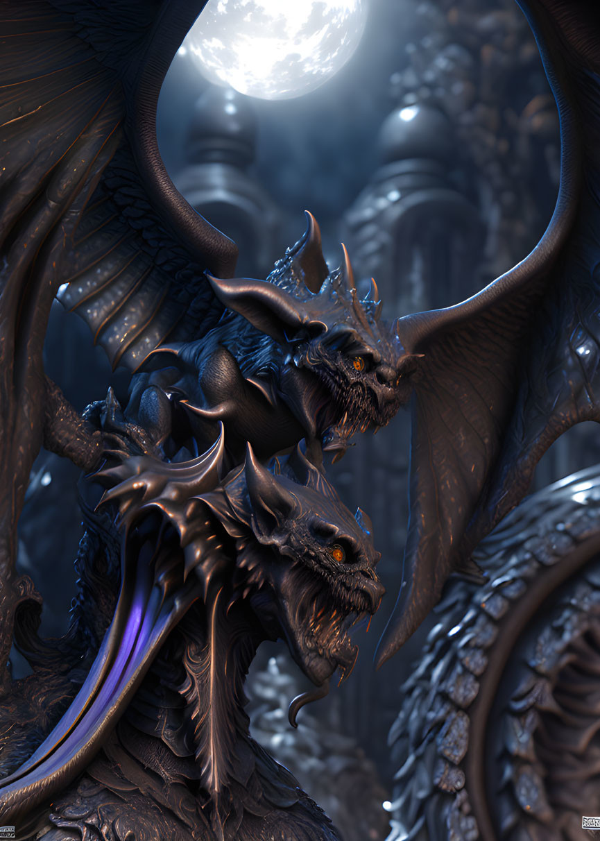 Detailed Dark Dragons Perched on Rocky Terrain Under Moonlit Sky