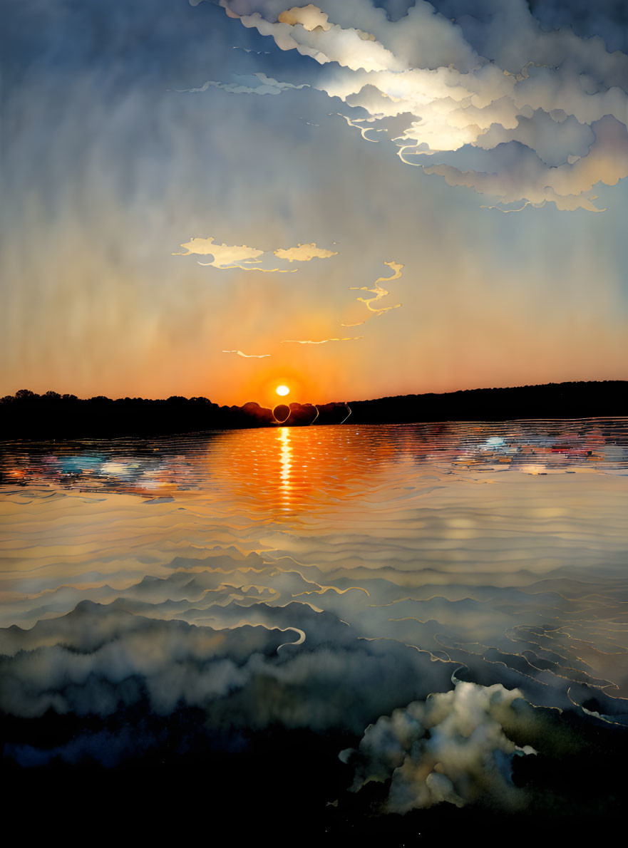 Tranquil sunset over calm lake with cloud reflections