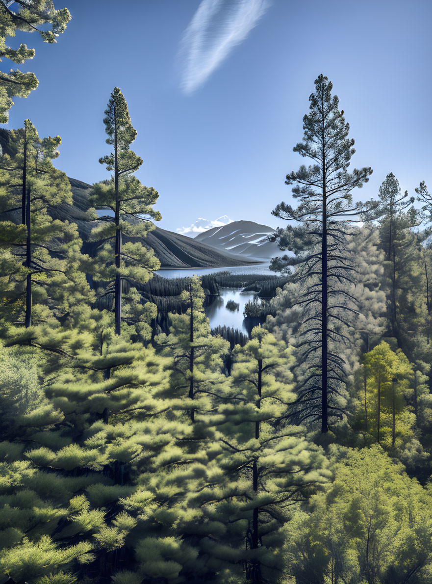 Snow-capped peaks and pine trees by reflective lake