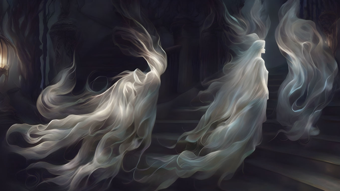 Translucent ghostly figures on dimly lit staircase in shadowy forest