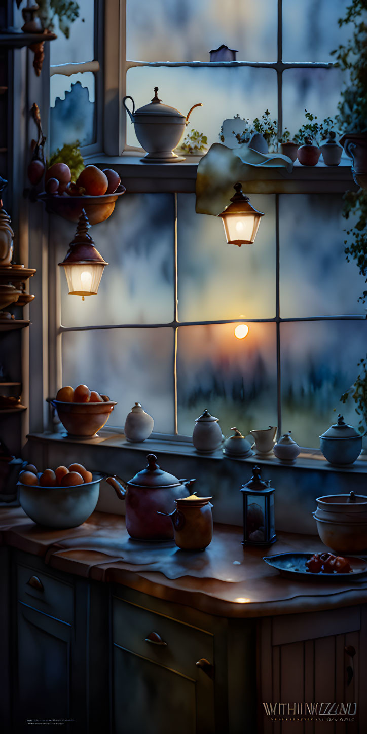 Warm Kitchen Interior with Hanging Lamps, Teapots, and Sunset View