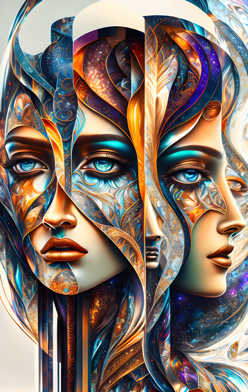 Stylized digital artwork: Two female faces with cosmic and floral patterns