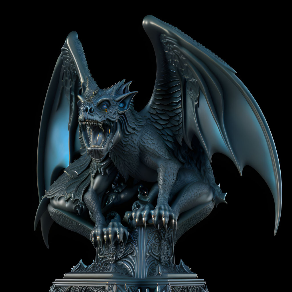 Roaring dragon sculpture with outstretched wings on ornate base.