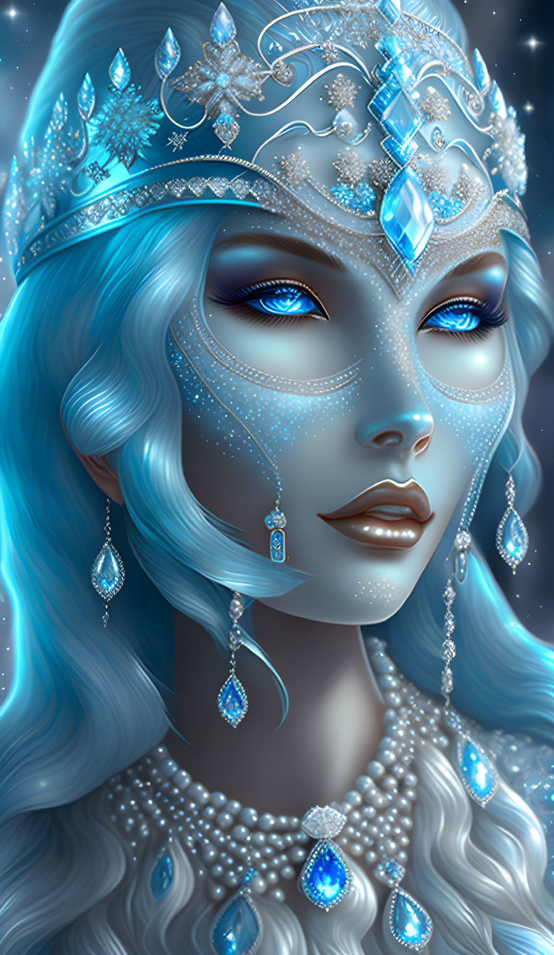 Blue-skinned female figure with crown and jewelry in mystical setting