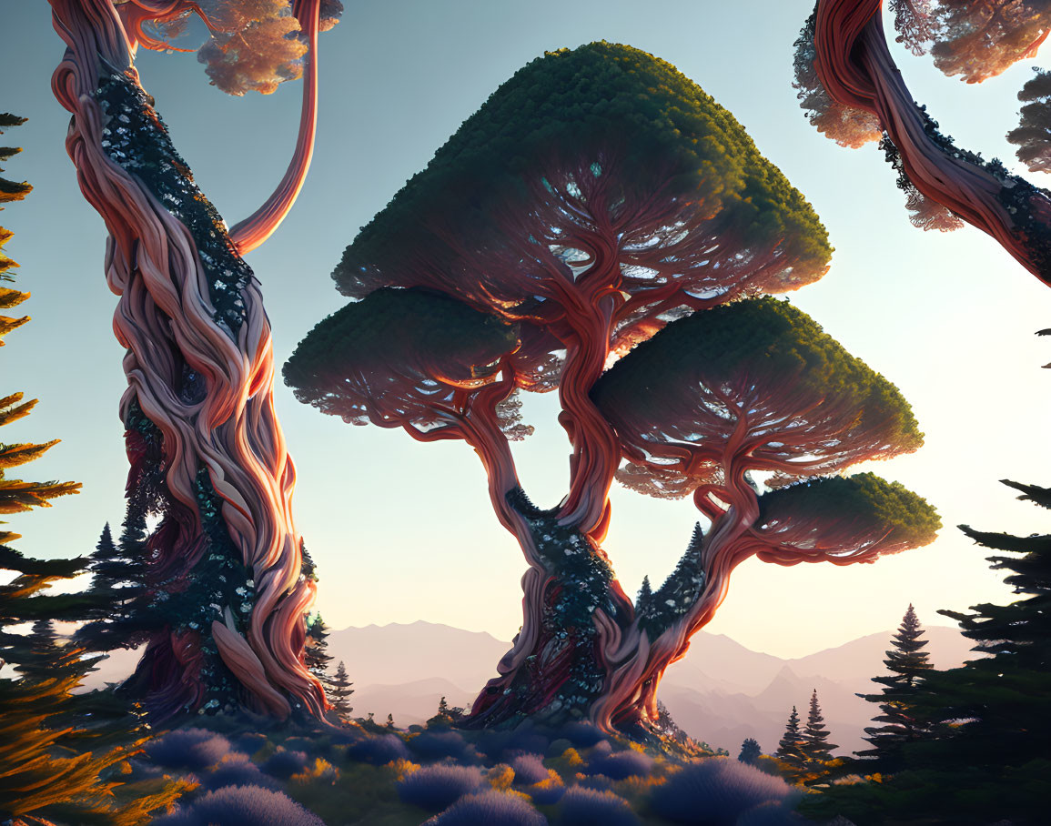 Twisted towering trees in surreal landscape