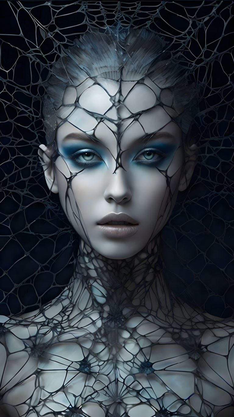 Digital Art Portrait of Woman with Striking Blue Eyes and Web-Like Pattern