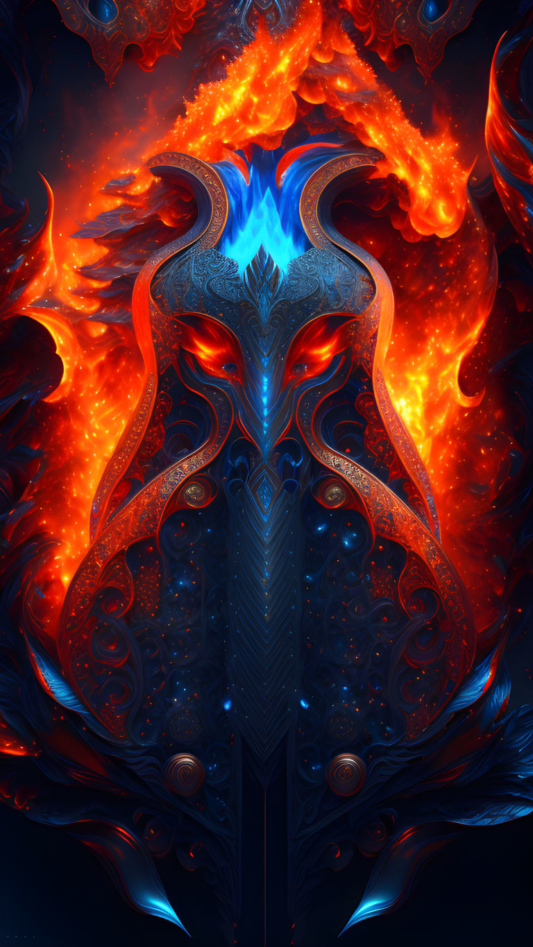 Symmetrical blue and orange fiery phoenix digital art