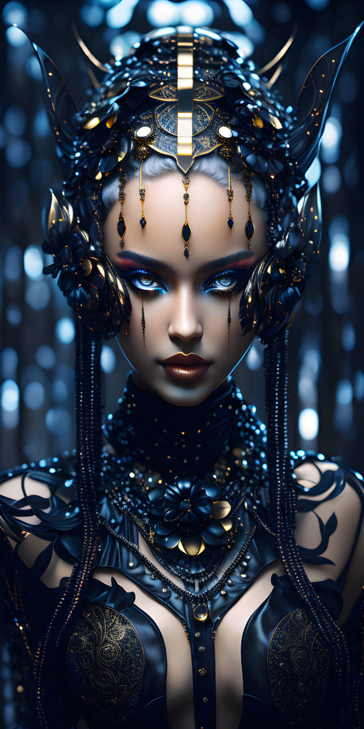 Elaborate Dark and Gold Female Figure with Mystical Aesthetic