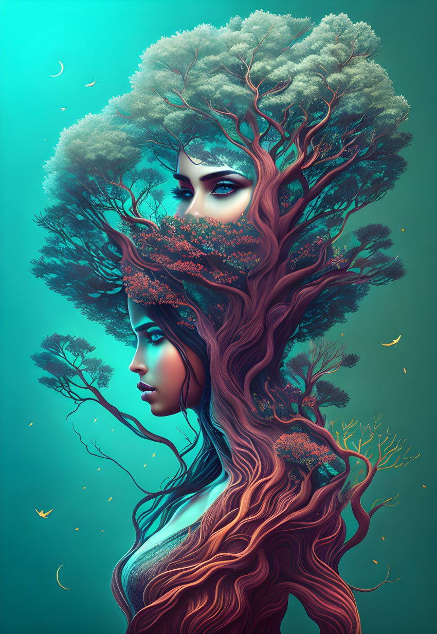 Surreal illustration: woman with tree hair, detailed branches, leaves, teal backdrop.