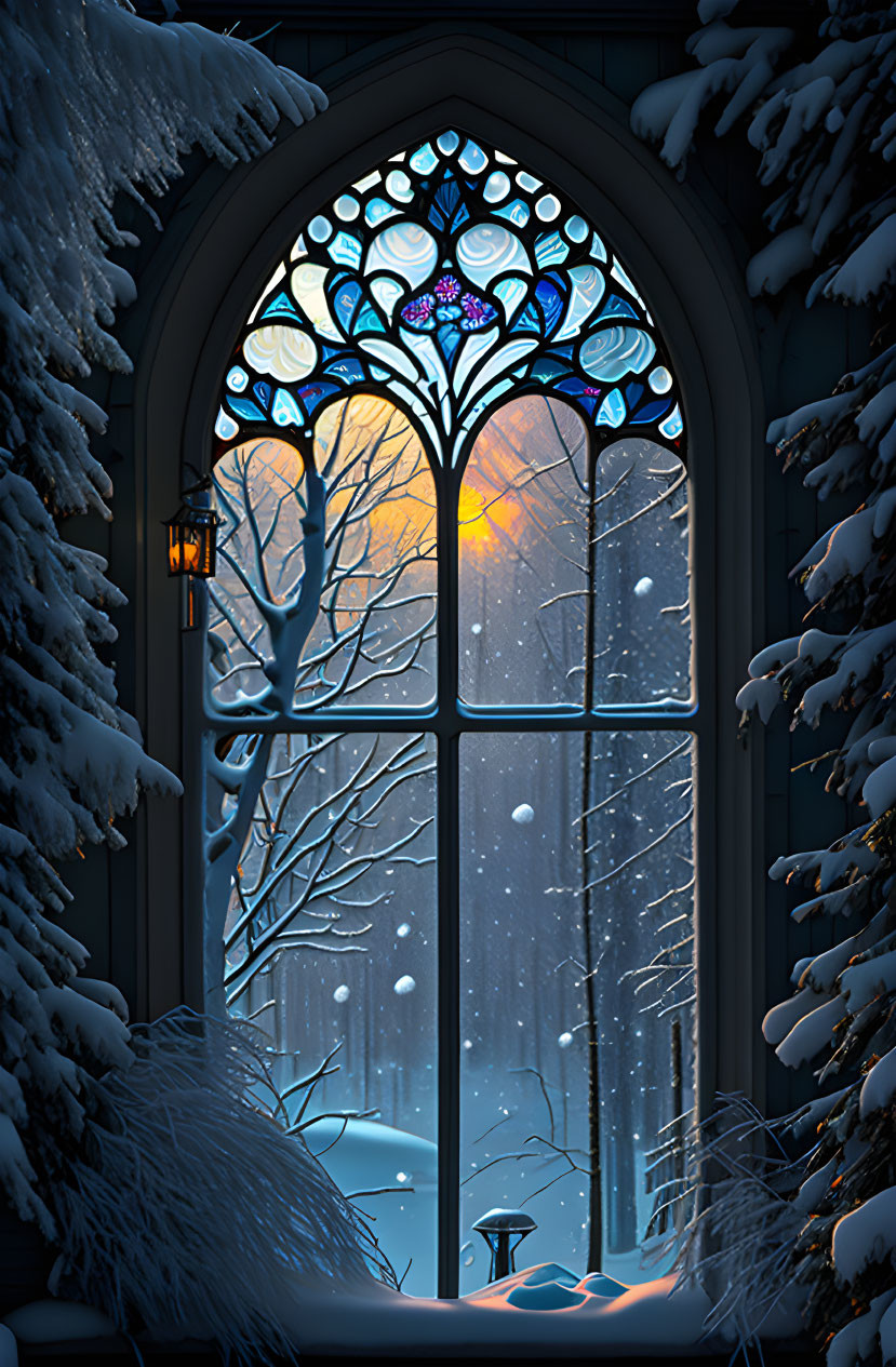 Gothic-style stained glass window with snowy twilight scene, trees, lantern, and snowflakes