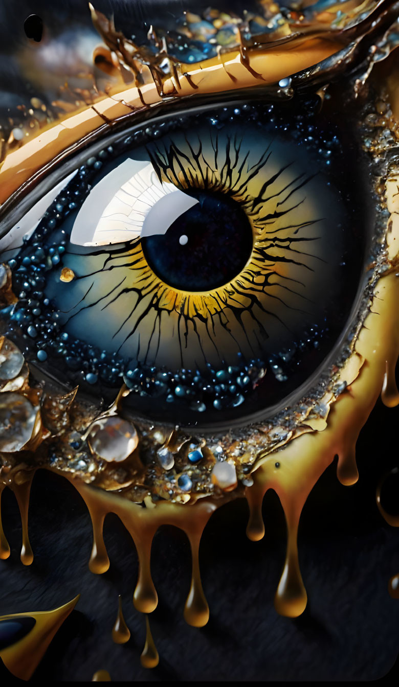 Blue iris eye close-up with gold liquid and water droplets on dark background