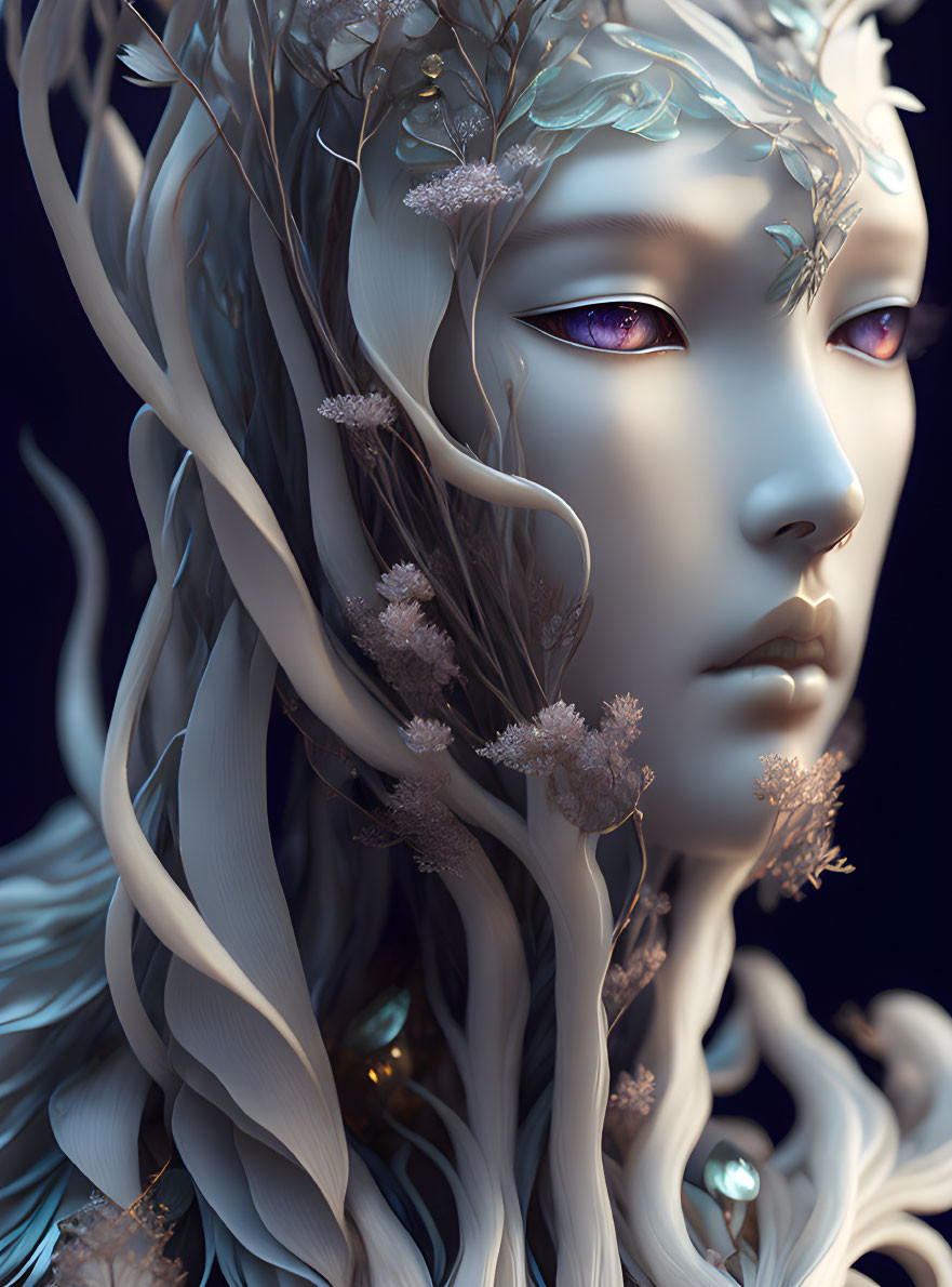 Ethereal portrait of pale figure with purple eyes and tree branch adornments